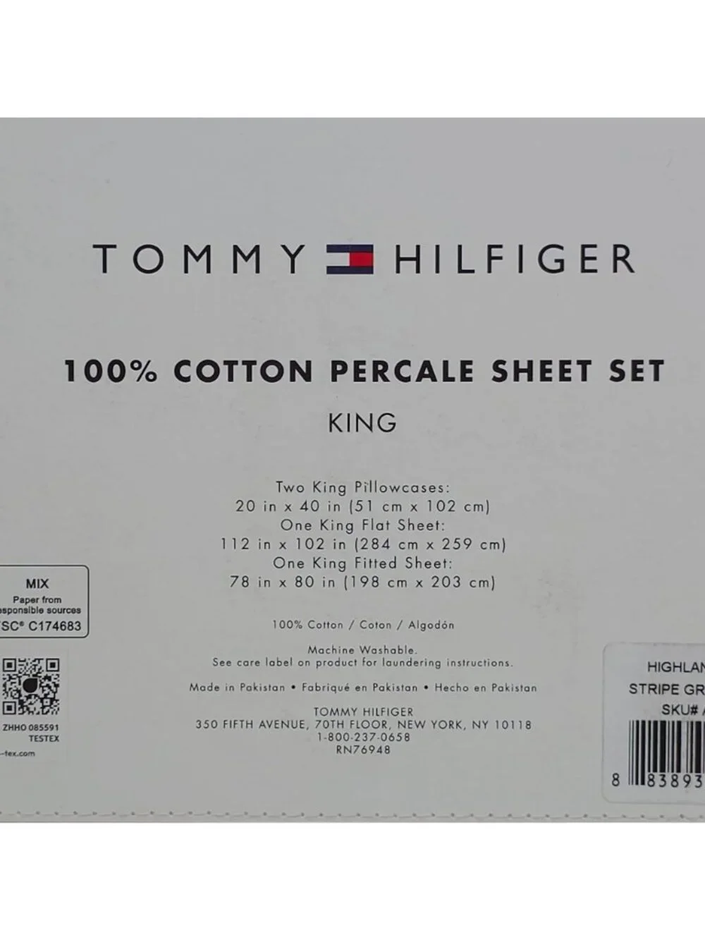 Tommy Hilfiger 100% Cotton Percale King Sheet Set Highland Ticking Stripe Grey